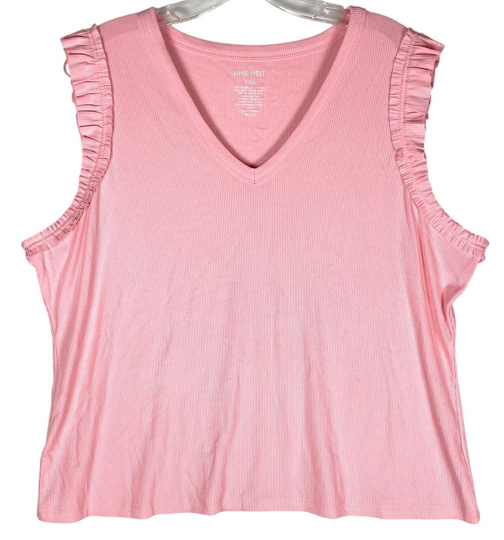 Nine West Ribbed V Neck Sleeveless Top XXL Ruffles Stretch Feminine Soft Girl